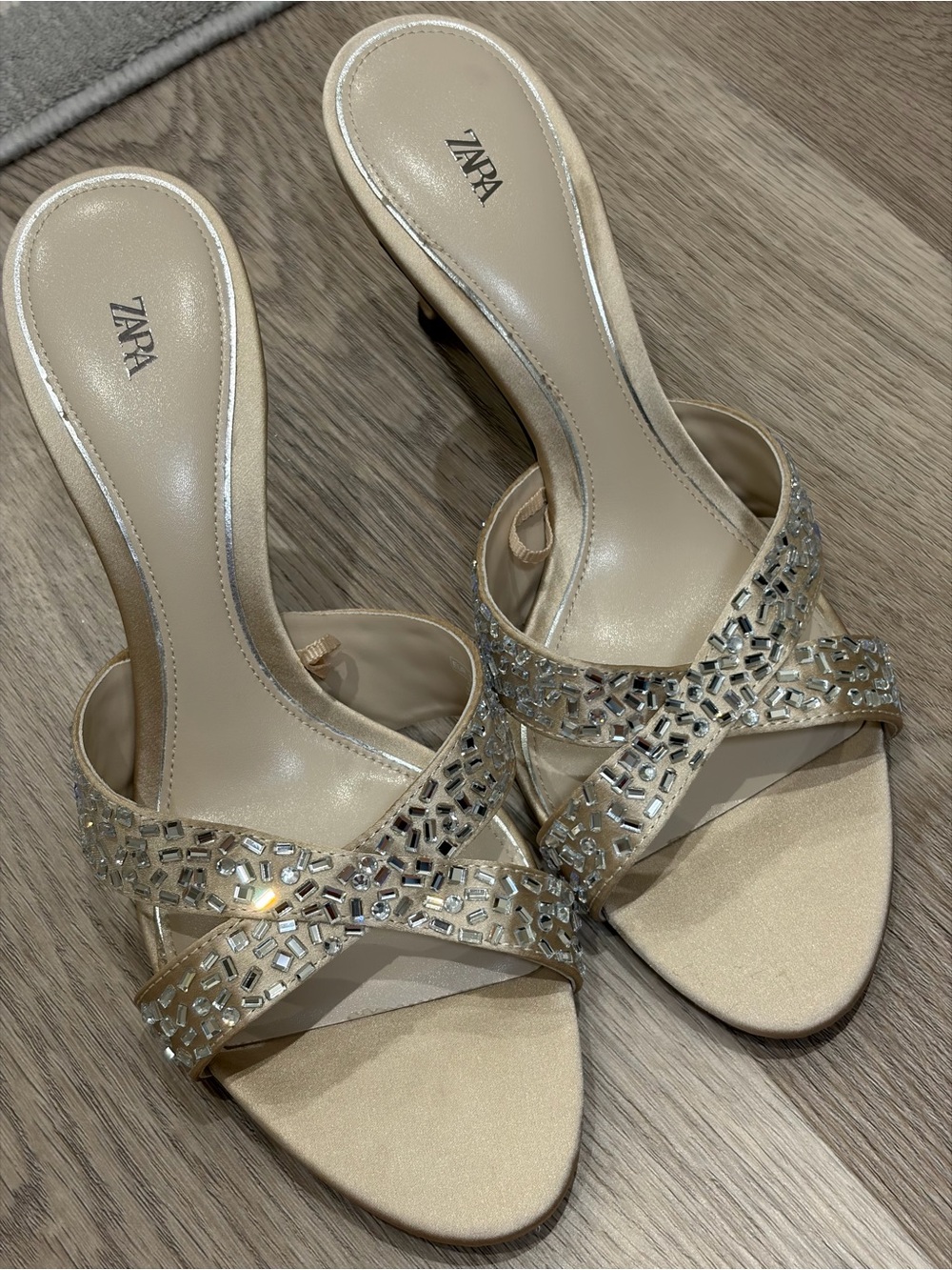 NWOT 🎉 Zara Cream Crystal-Embellished Strappy Heeled Mules. Size 38 - Picture 11 of 14